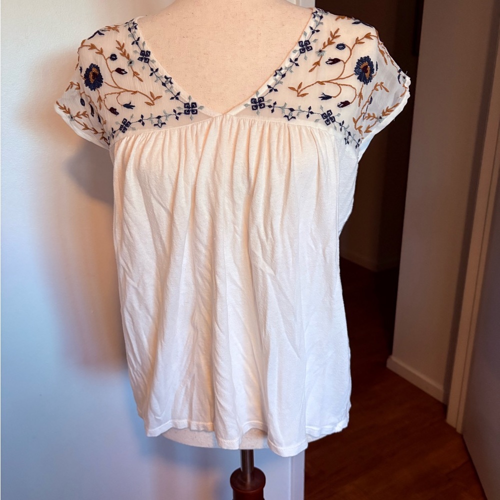 Lucky Brand Cream Blouse with Blue Floral Embroidery